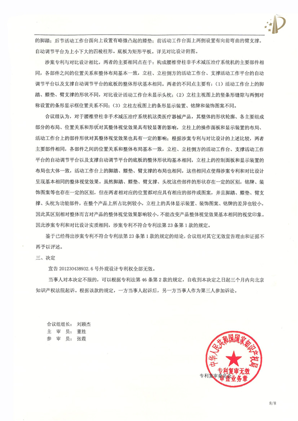 北京瑞德?？松t(yī)療腰椎外觀專(zhuān)利權(quán)宣告無(wú)效